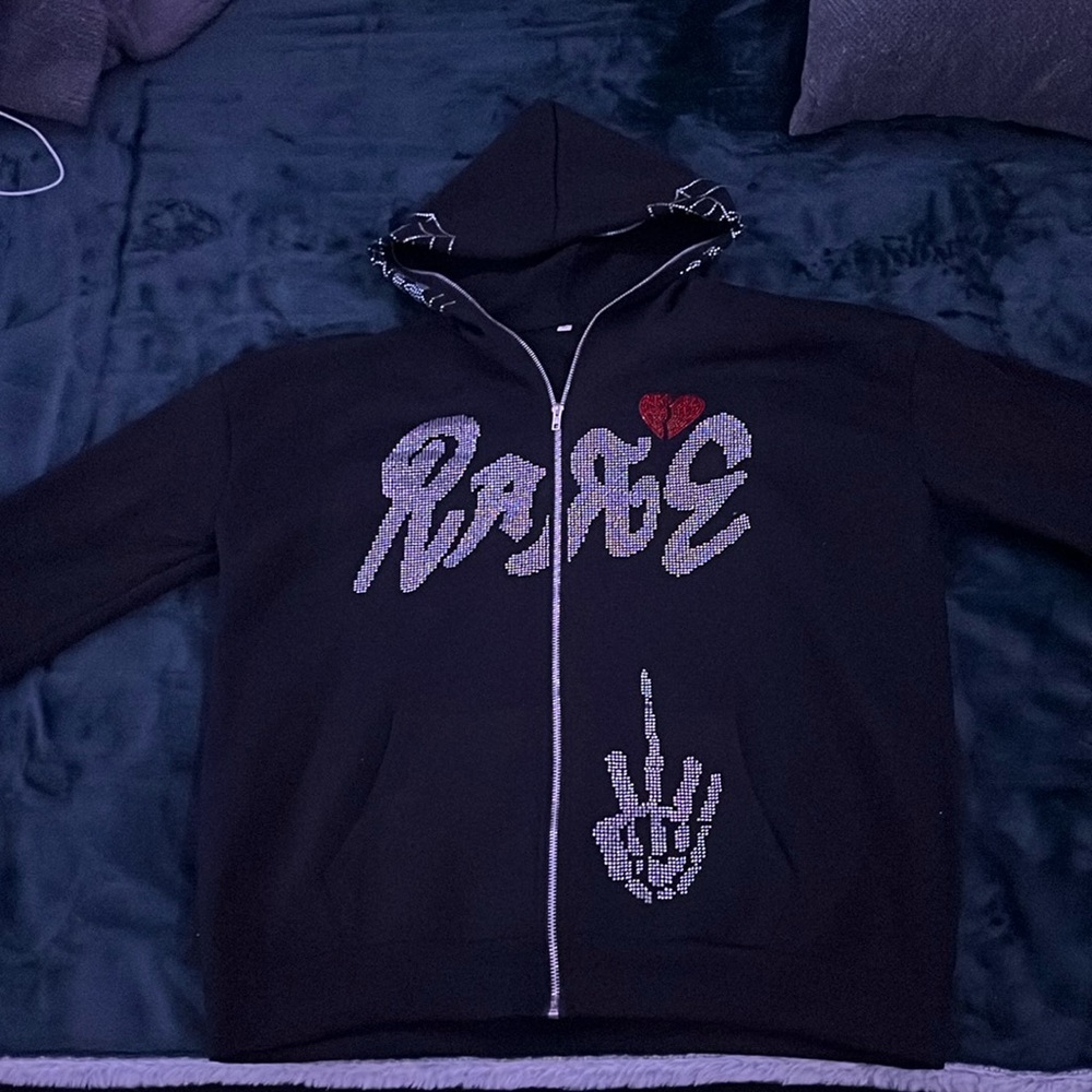 Black full zip-up punk hoodie with rhinestone